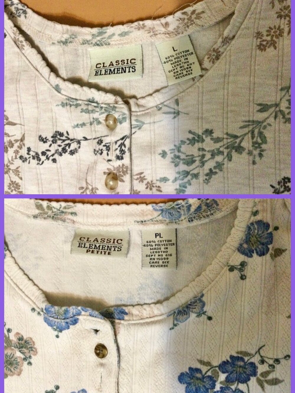 2 Henley Style Tops, sz L